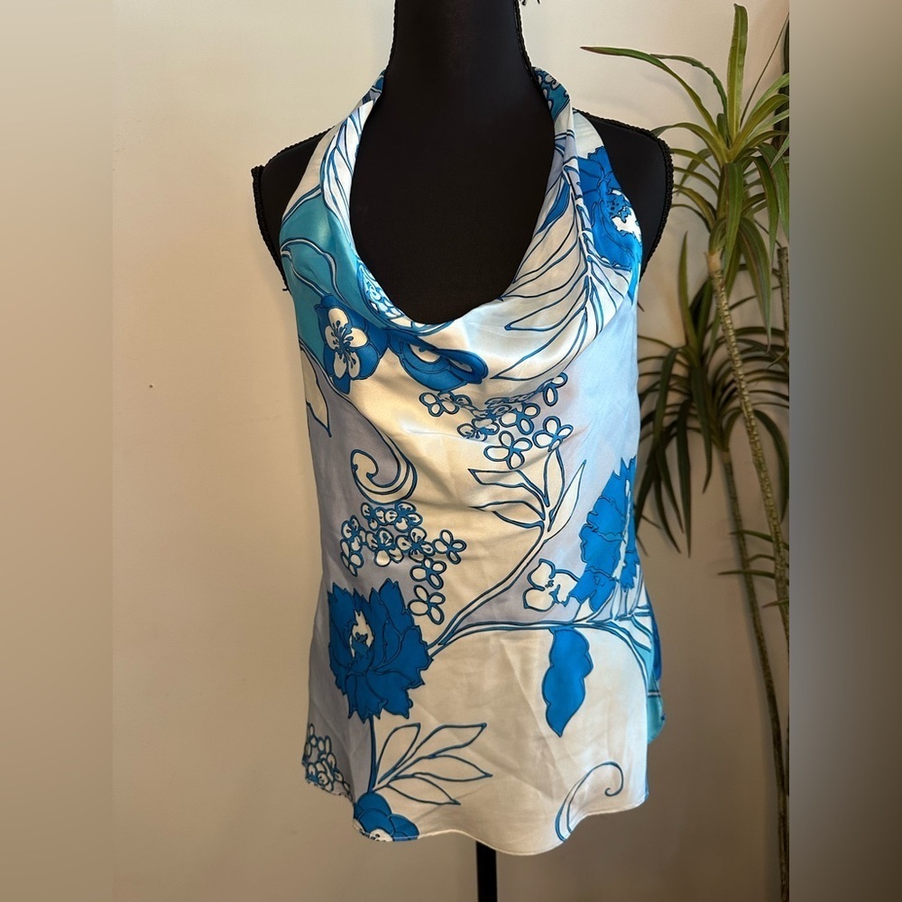 Vintage 00’s 90’s Lillie Rubin Silk blue & white floral plunge neck halter top S